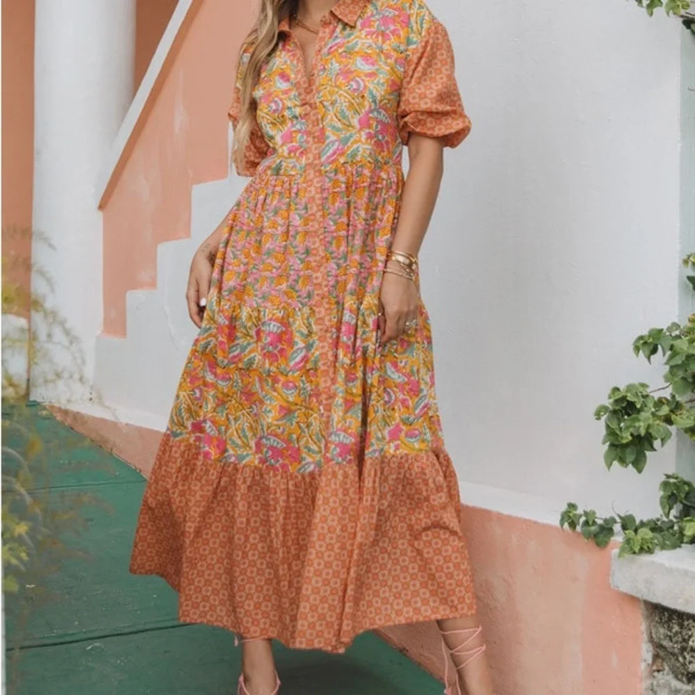 NWT LoveStitch Dress pockets 100% cotton midi floral tiered oranges golds pinks - Picture 4 of 15